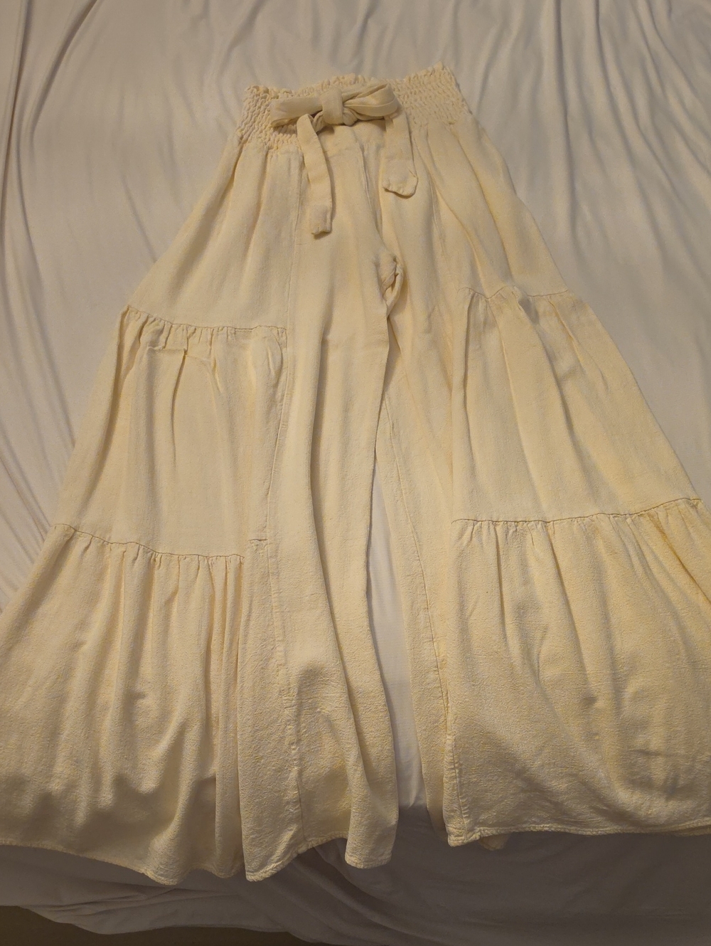 Women’s Cream Tiered Pants with Smocked Waist Tie Front